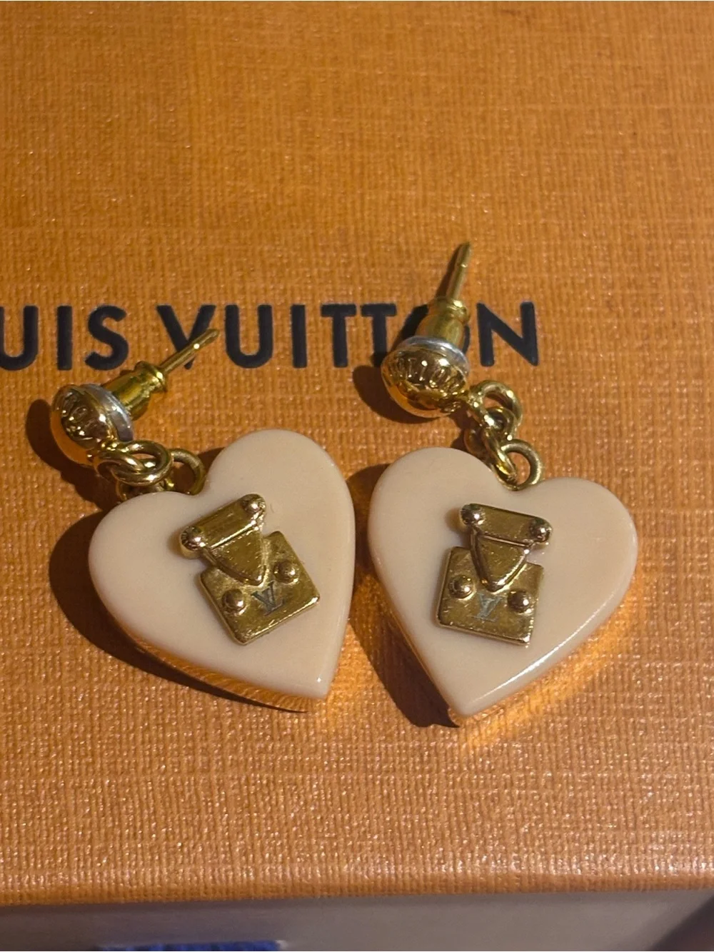 Louis Vuitton Beige Heart Logo Drop Earrings with Gold Accents